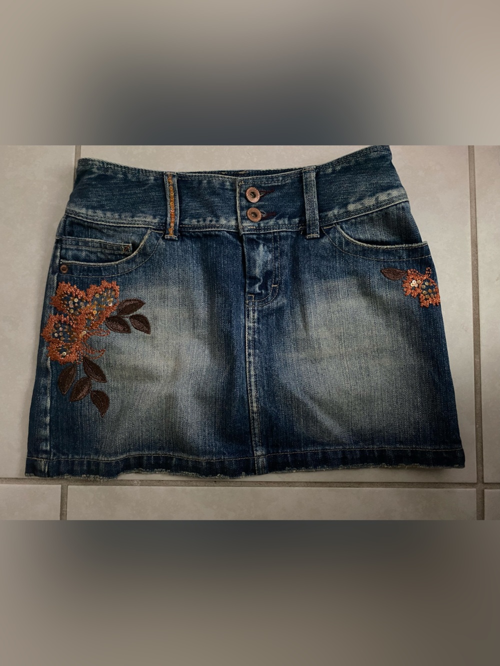 American Eagle Outfitters Blue Denim Mini Skirt with Orange Floral Embroidery
